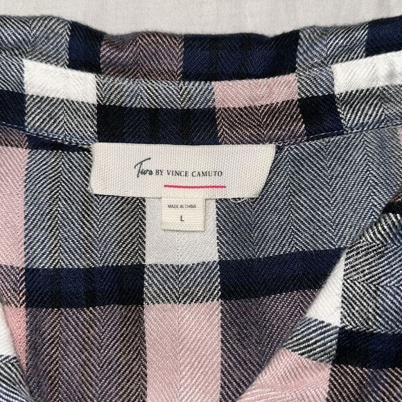 Two by VC L Navy White Blush Pink Plaid Textured Flannel Button Down Shirt - Picture 11 of 12